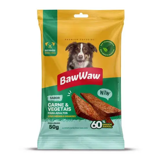Baw Waw bifinho petisco snack sabor carne e vegetais p/ cães adultos médio e grande porte 50g