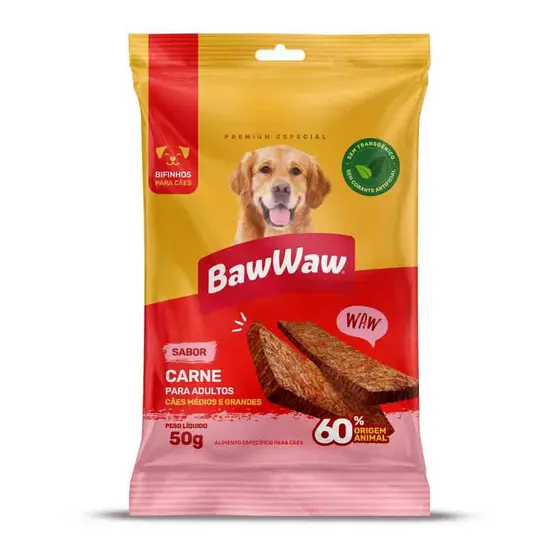 Baw Waw bifinho petisco snack bifinho sabor carne p/ cães adultos médio e grande porte 50g