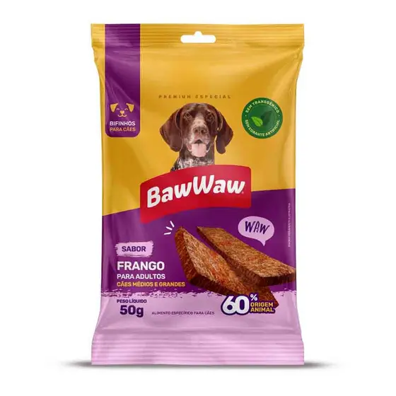 Baw Waw  bifinho petisco snack sabor frango p/ cães adultos médio e grande porte 50g