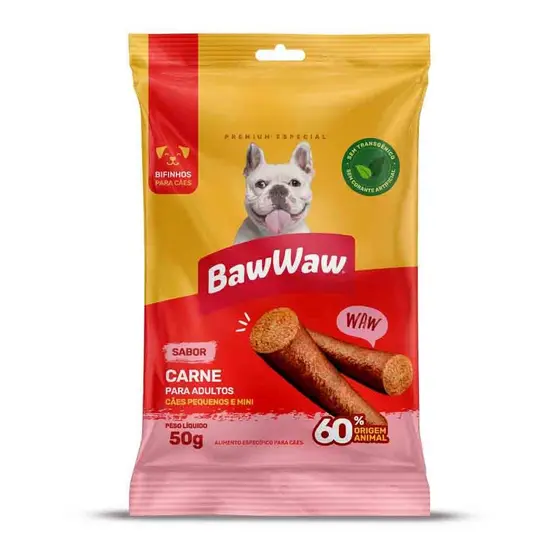 Promoção petisco snack bifinho sabor carne Baw Waw p/ cães adultos mini e pequeno porte 50g
