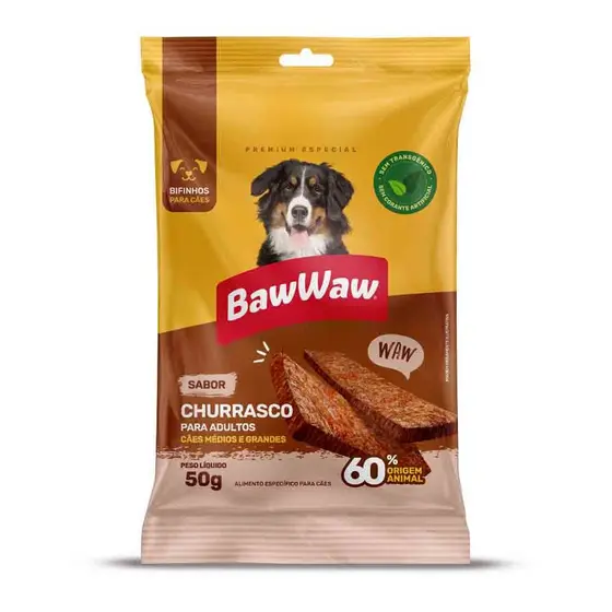 Baw Waw bifinho petisco snack sabor churrasco p/ cães adultos médio e grande porte 50g