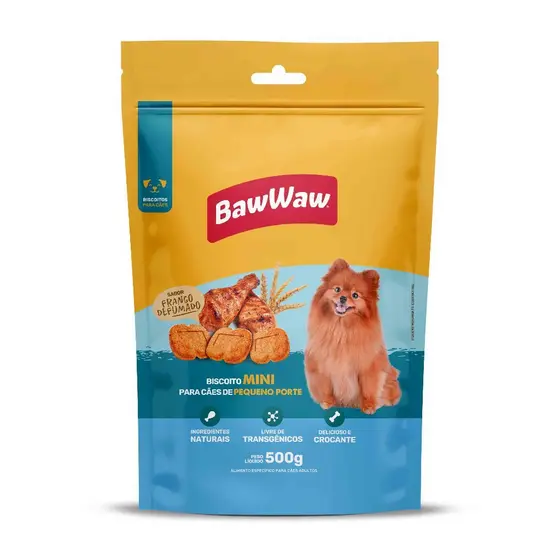 Promoção biscoito sabor frango defumado Baw Waw p/ cães adultos mini e pequeno porte 500g