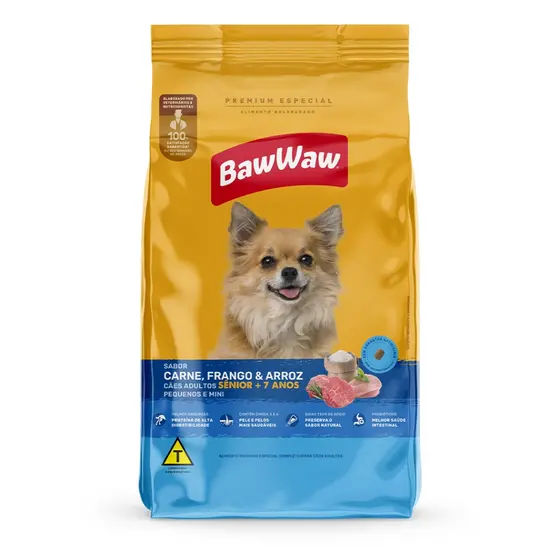Baw Waw Ração Sênior p/ cães idosos 7 anos carne, frango e arroz 10,1kg