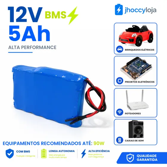 Bateria Recarregável 12V 5Ah Com BMS Para Projetos Eletrônicos
