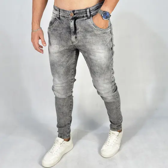 Calça Masculina Jeans Marmorizada Skinny Premium Lycra Elastano Cinza Claro