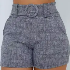 Shorts Feminino Skinny Tecido Linho com Cinto Forrado e Bolso