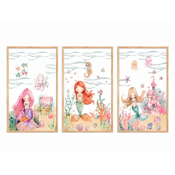 Quadros Decorativos Sereia Rosa Infantil Menina Fundo do Mar Kit 3 Peças Bebê