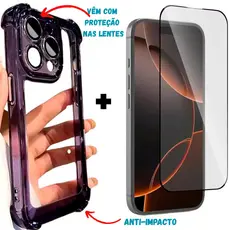 Kit Capa Capinha Case Anit impacto Silicone Transparente Proteção Premium+Película Vídro Para IPhone 16/ProMax/Pro/Plus