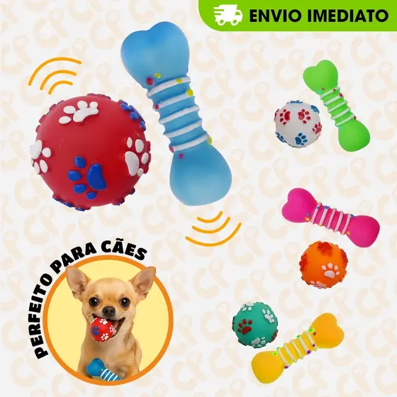 Kit Brinquedo Osso e Bola  Pet – 12cm em Vinil Cores Sortidas