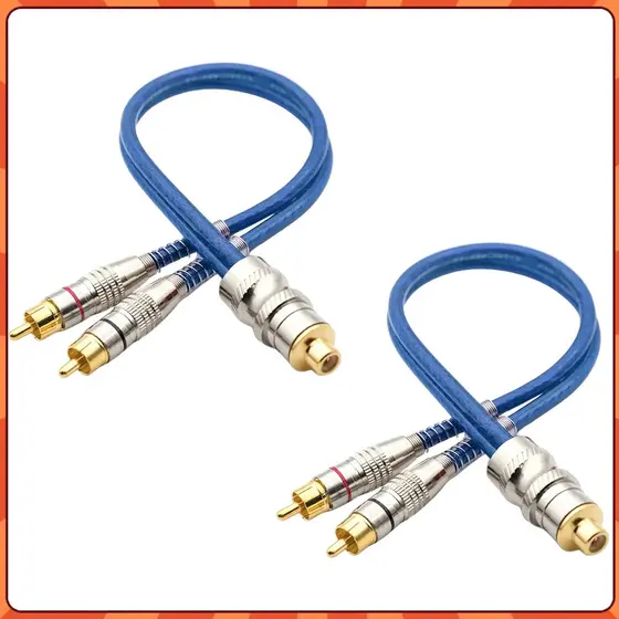2 Cabos Y Rca 2 Machos 1 Fêmea Prime Plug Metal 5mm Azul Blindado Pontas Banhados A Ouro Químico