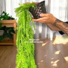 Kit Planta Decorativa: Vaso Trançado Marrom + 1 Pendente Artificial Folhas De SAMAMBAIA PT15