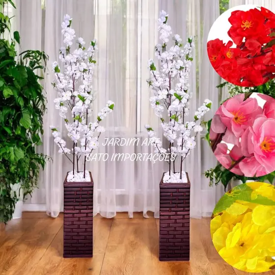 KIT 2 Arranjos Floral Artificial de Pessegueira no Vaso Coluna de Madeira Trançada - Beleza e Durabilidade COLU