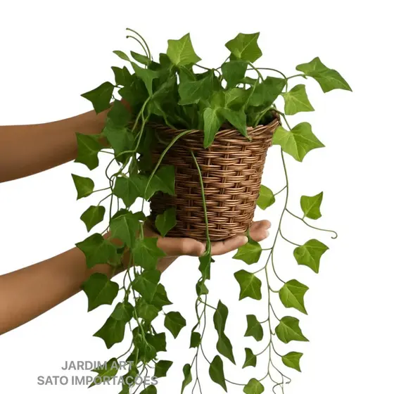 Kit 1 Arranjo Planta Decorativa + Vaso Trançado Marrom 3 Pendentes Artificial Folhas De Hera PT11