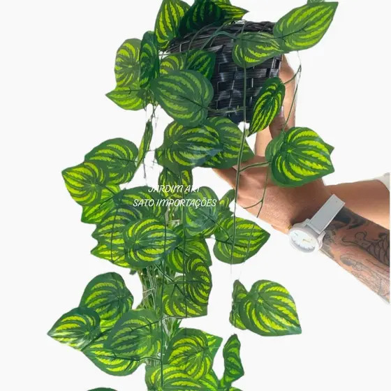 Planta Decorativa  Vaso Trançado Marrom + Pendentes Artificial Folhas de Hera