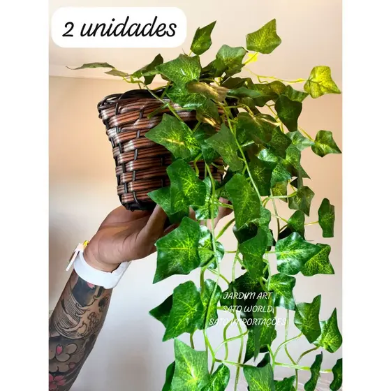 2 kit Planta Decorativa + Vaso Trançado GRANDE Marrom 3 Pendentes Artificial Folhas de Hera PT15