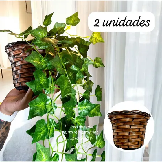 KIT 2 Vaso GRANDE trançado + 6 Planta Pendurada Verde Artificial Bambu Parede Varanda PT15