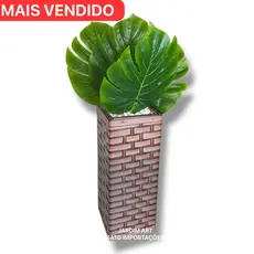 Decoração de Chão com Planta Artificial Costela de Adão 4 Folhas e Vaso Coluna com Pedras