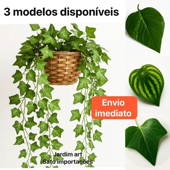 Kit com 2 cordões de planta artificial (hera, jiboia ou melancia) + vaso trançado