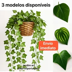 Kit com 2 cordões de planta artificial (hera, jiboia ou melancia) + vaso trançado
