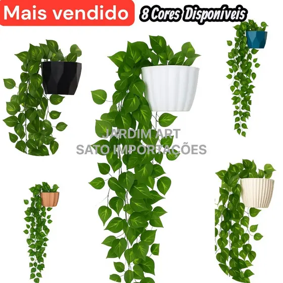 1 Kit Vaso Plastico Ceremico + 2 Planta Pendurada Verde  Artificial Parede Varanda pendente verde caida Enfeite