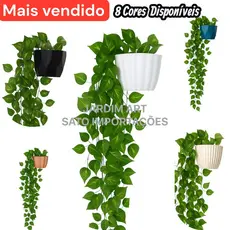 1 Kit Vaso Plastico Ceremico + 2 Planta Pendurada Verde  Artificial Parede Varanda pendente verde caida Enfeite
