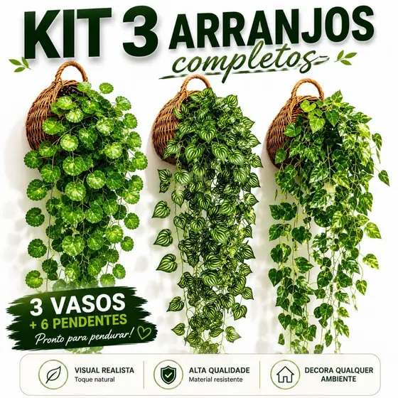 Kit 3 Vasos Decorativos Trançados com 6 Arranjos Pendentes Artificiais