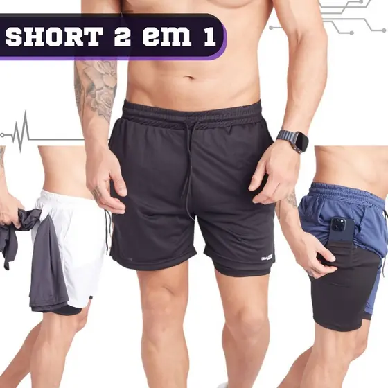Shorts Masculino 2 em 1 Para ACADEMIA/TREINO/CAMINHADA Bolso Lateral ANTIQUEDA Proteção uv+