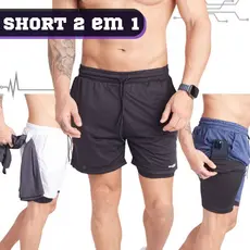 Shorts Masculino 2 em 1 Para ACADEMIA/TREINO/CAMINHADA Bolso Lateral ANTIQUEDA Proteção uv+