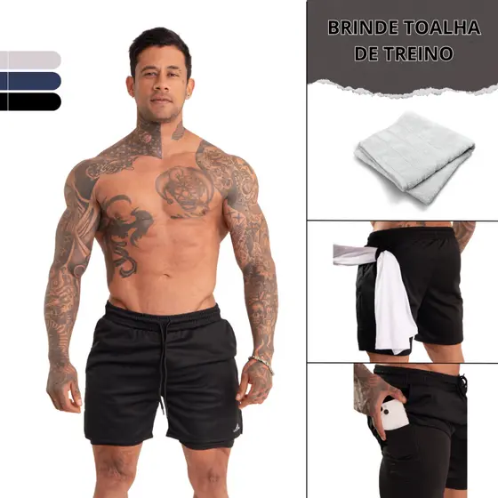 Short Duplo 2 em 1 Masculino Bolso Antiqueda Porta Toalha, Corrida,Academia,Caminhada Prot UV+