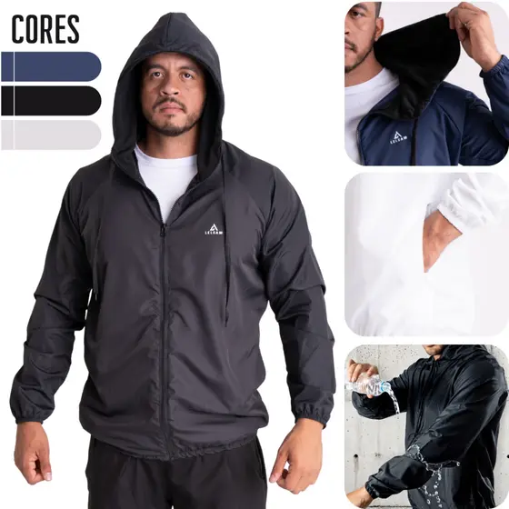 Jaqueta corta vento masculina capuz forrado repelente água bolsos reforçados uso diário ou esportivo