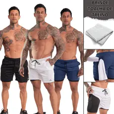 Kit 3 Short Duplo Masculino 2 em 1 Compressão Bolso Interno Fitness Dry Fit Conforto Treino Academia
