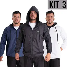 Kit 3 Jaqueta corta vento repelente á água capuz forrado bolso lateral reforçado casual ou treino