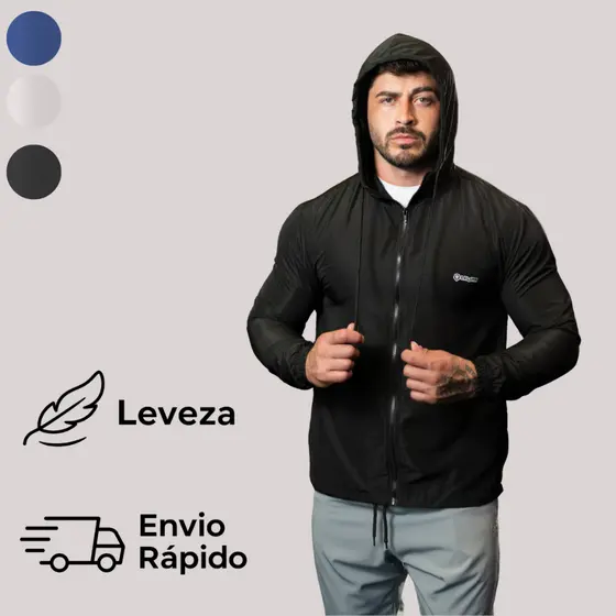 Jaqueta Corta Vento Masculina com Capuz Ajustável e Zíper