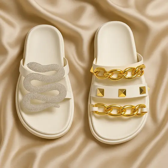 KIT 2 PARES - Birken Papete Flat Feminina Modelo Cobra Strass e Corrente Dourada Spikes Luxos