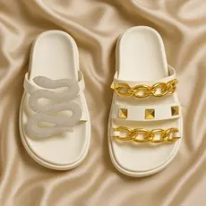 KIT 2 PARES - Birken Papete Flat Feminina Modelo Cobra Strass e Corrente Dourada Spikes Luxos