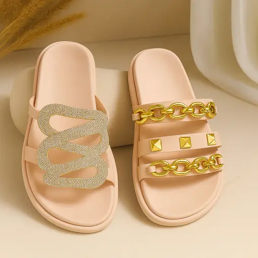 KIT 2 PARES - Birken Papete Flat Feminina Modelo Cobra Strass e Corrente Dourada Spikes Luxos Rosê