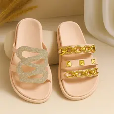 KIT 2 PARES - Birken Papete Flat Feminina Modelo Cobra Strass e Corrente Dourada Spikes Luxos Rosê