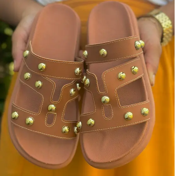 Birken Sandália Conforto Feminina Modelo Blogueira Bolinhas Metalizadas Brilho Dourada