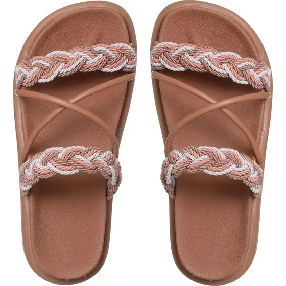 Birken Papate Rasteira Flat Feminina Modelo Luxo Trança Trançadas Marrom Caramelo Com Tira Cordão