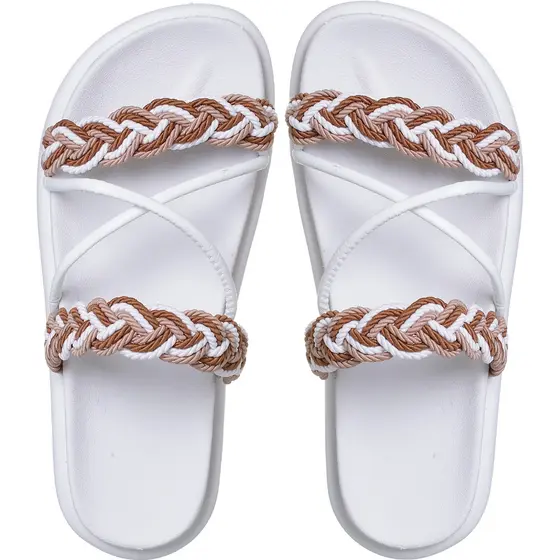 Birken Papate Rasteira Flat Feminina Modelo Luxo Trança Trançadas Branca com Marrom Com Tira Cordão