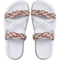 Birken Papate Rasteira Flat Feminina Modelo Luxo Trança Trançadas Branca com Marrom Com Tira Cordão