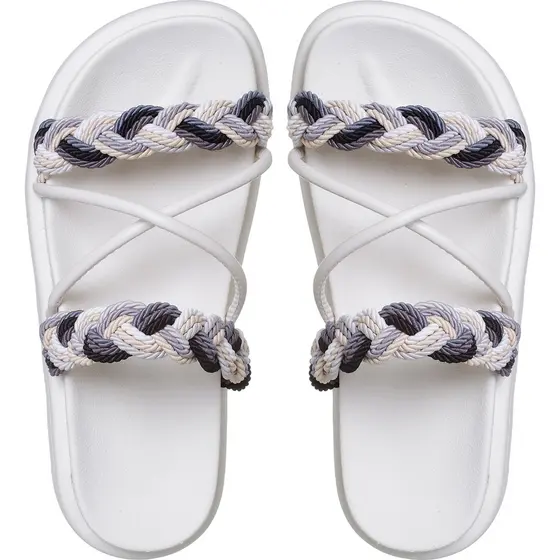 Birken Papate Rasteira Flat Feminina Modelo Luxo Trança Trançadas Off White Azul Com Tira Cordão