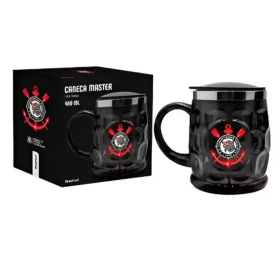 Caneca Corinthians 450ml com Tampa – Caneca Master Preta Oficial Torcedor
