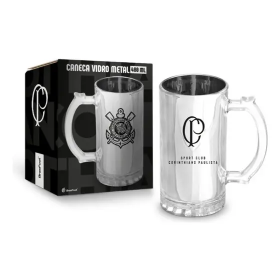 Caneca Chopp Corinthians Vidro com Revestimento em Metal 480ml Oficial Torcedor