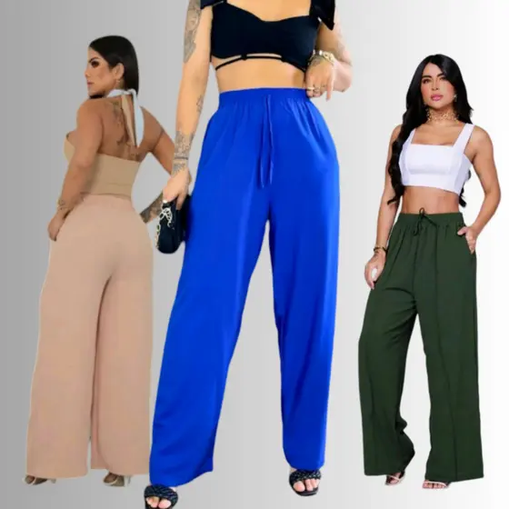 Calça Pantalona Feminina Tecido Duna Cintura Alta com Bolso