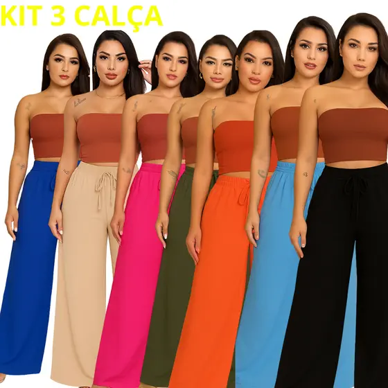 Kit 3 Calça Duna folgada Com Elástico na Cintura E Bolso tecido Premium