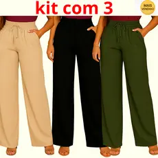 Kit 3 Calças Femininas Pantalona Cintura Alta com Bolsos Tecido Duna