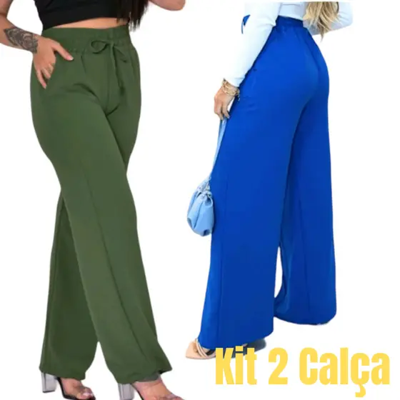 Kit 2 Calça Pantalona Feminina Duna Cintura Alta Casual Com Bolso