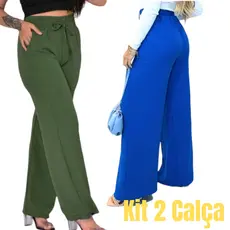 Kit 2 Calça Pantalona Feminina Duna Cintura Alta Casual Com Bolso