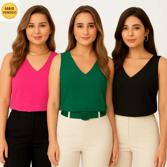 Kit com 3 Blusa Regata Duna Alça Larga Elegante Soltinha Moda Verão Feminina